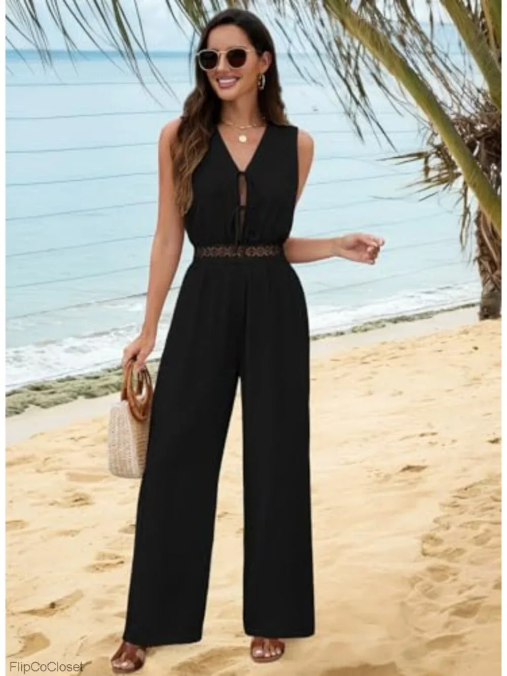 Sleeveless V Neck Tie Front Wide Leg Jumpsuit Romper with Pockets